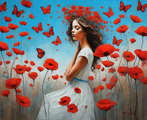 Prompt: Thick palette knife drawing, art by Beth Conklin: a pretty girl and the butterflies sitting through the poppies. Tall red poppies touching her face, the butterflies flying around her head. The red flowers color pops up against the light blue sky. large brush strokes, oil painting, she is wearing a white dress.