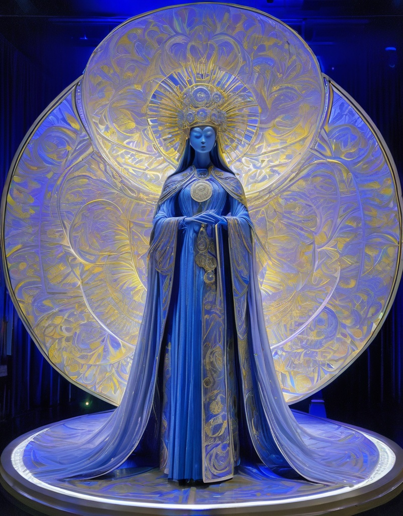 Prompt: celestial moon goddess wrapped in UV light tubes, by Guo Pei, Brian Froud, and Alex Grey 