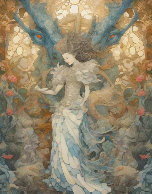 Prompt: the cheshire princess has found her joy: she has a mythical dragon protector. Whimsical Forest background. Android Jones, James Jean, takato yamamoto, Arthur Rackham. watercolor, volumetric lighting, maximalist, concept art, intricately detailed, elegant, expansive, 32k, fantastical, golden ratio principles, haunted, glass sculpture, honeycomb patterns, art by makoto shinkai, conrad roset. 3d, iridescent watercolors ink, polished finish, gradient chrome colors.