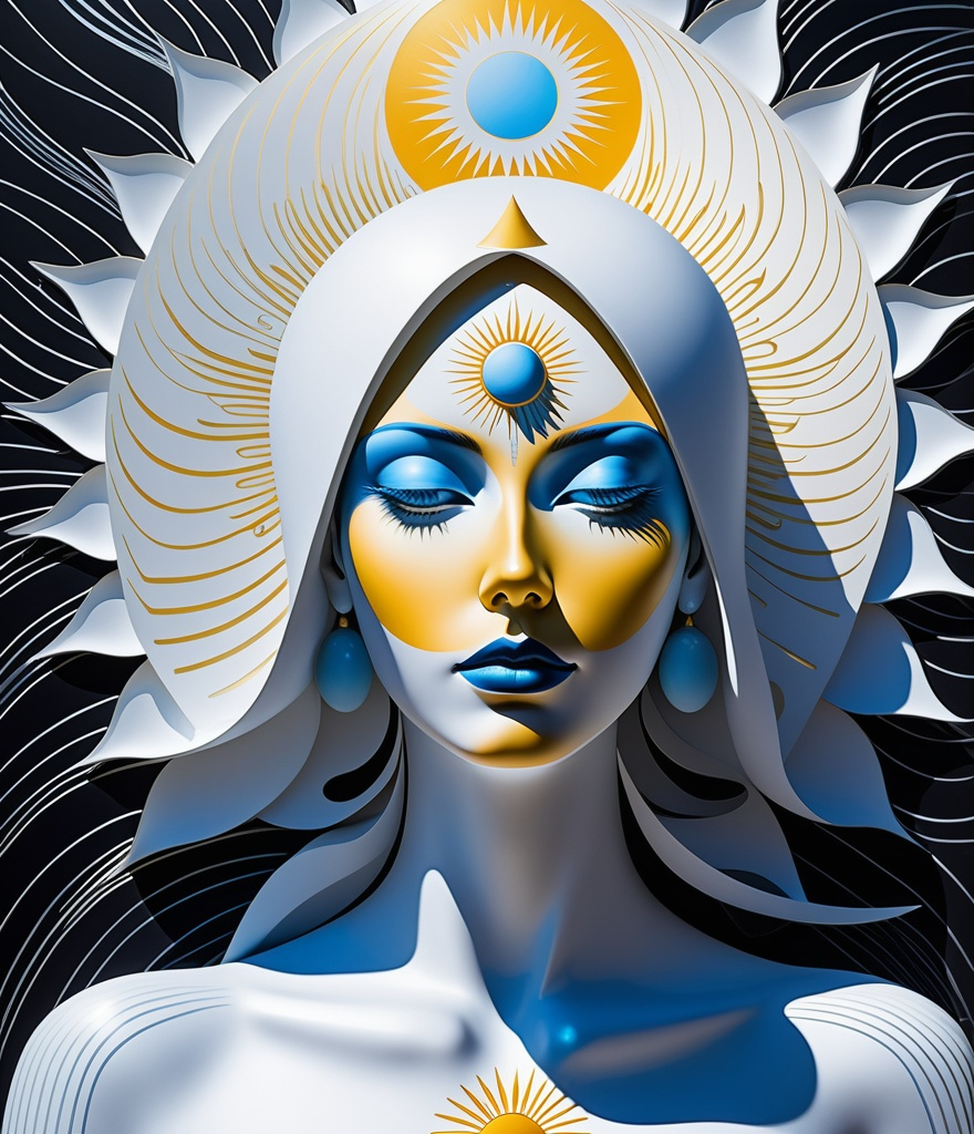 Prompt: photonegative luminogram style of Art in the style of Grayson Perry and Moebius and Michael DeForge, sun goddess, extraordinary face,  in dynamic pose, hyperrealistic surrealism luminogram 