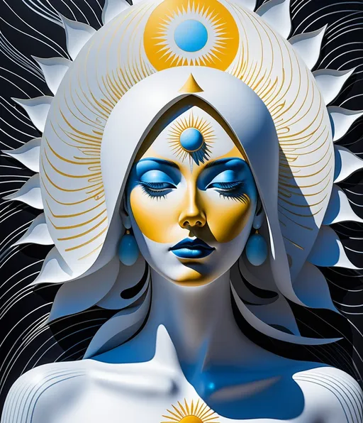 Prompt: photonegative luminogram style of Art in the style of Grayson Perry and Moebius and Michael DeForge, sun goddess, extraordinary face,  in dynamic pose, hyperrealistic surrealism luminogram 