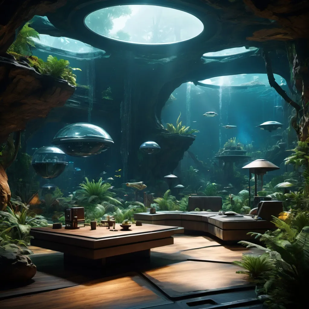 Prompt: restort world for galactic travelers, a family in a cozy hardened submersed home that is capable of flight, safari oasis in a carboniferous forest of dreams, photorealism, extremely long shot from a distance, extremely heavy atmospherics and moody lighting, parallax, rim lighting, 3 point lighting, volumetric fx, subsurface scattering, raytracing, specularity and depth, imax quality visuals, ilm, weta digital, multi-sample antialiasing, 32k uhd 