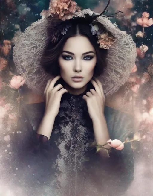 Prompt: This lonely beautiful lady, She remains an intricate tapestry of unanswered questions and tantalizing mysteries art by Daria Endresen, Nick Knight, Pierre et Gilles, Naoya Hatakeyama, Rimel Neffati. Warm tone pallet colors, 3d, watercolors and ink, beautiful, fantastic view, extremely detailed, intricate, best quality, highest definition