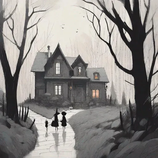 Prompt: children in costumes going trick or treating. Approaching a witch's house. Inspired by Jon Klassen, Atey Ghailan, Alena Aenami 