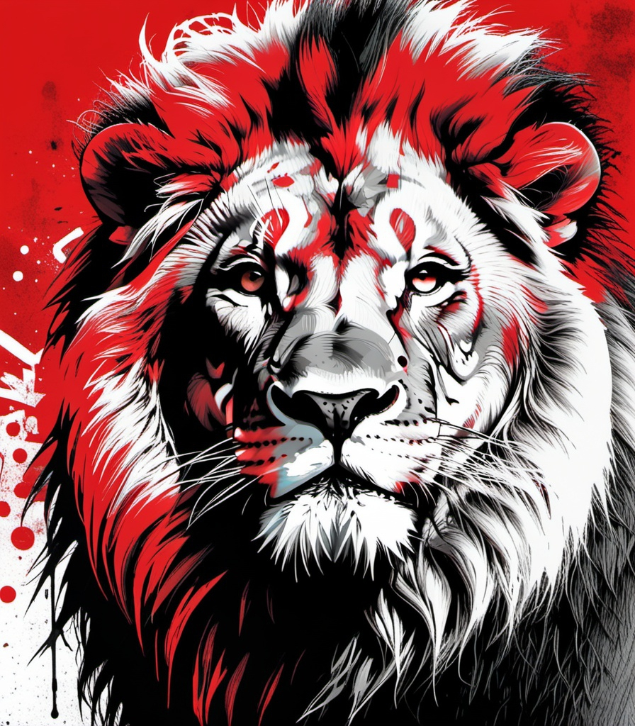 Prompt: lion halftone graffiti modern comic style, red black and white, HDR, Andrea Sorrentino, Filipe Andrade, Daniel Warren Johnson