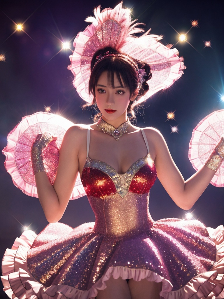 Prompt: cancan dancers at broadway in 1830, portrait, sparkle and glittery style, spot light, delicate costumes, ultra high definition, anime style by Inoue Takehiko. Extremely detailed, 3d