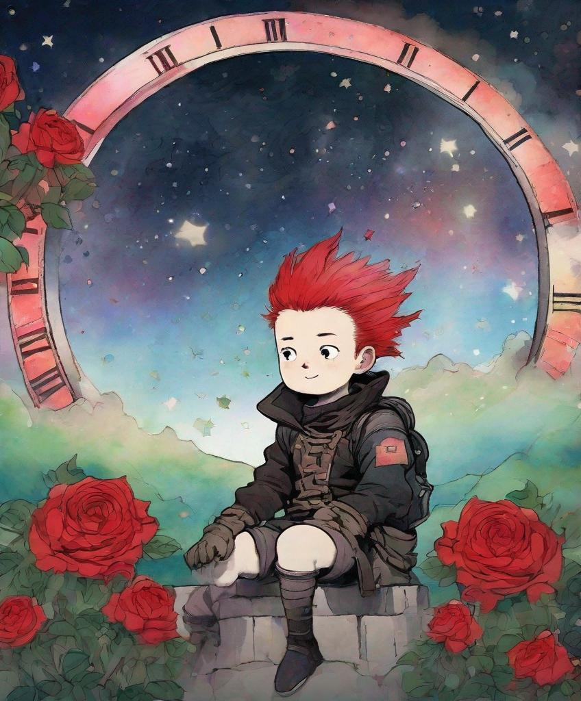 Prompt: in the style of sumi-e Outside a grand castle under a starry sky a cute adventurer with a rainbow mohawk gazes at a celestial time clock surrounded by red and black roses 