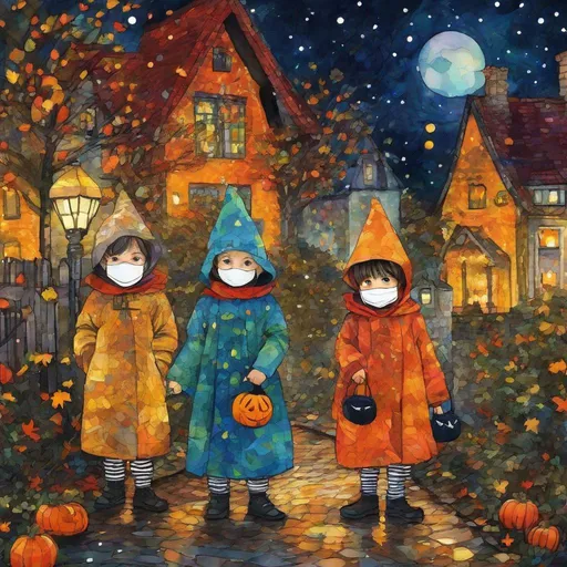 Prompt: trick-or-treaters by the 3 cutest kids best friends in bucolic whimsical street under a starry sky art  by Charline von Heyl, kitarō kōsaka, maurice brazil prendergast, wales bonner, botter. Colorful, crossed colors, 3d, best quality, extremely detailed, intricate, beautiful, cute