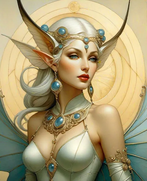 Prompt: Beautiful lady interdimensional elf, Michael Parkes style 