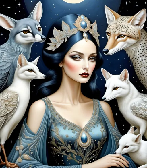 Prompt: She is a night woman surrounded by night animals style of Faiza Maghni, Bob Mackie, Frieke Janssens, Aaron Jasinski, Genevieve Godbout, Morris Hirshfield, Robert Gillmor, Amy Giacomelli. Soft pearlercent colors, Extremely detailed, intricate, beautiful, 3d, high definition