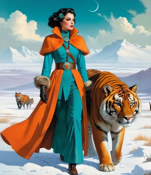 Prompt: Art by Tom Lovell, Thomas Dodd, Tom bagshaw, Frances Tipton Hunter, Dana Trippe;Talia, wearing a tangerine and turquoise winter tunic, the talented troubadour, trekked through the tundra with her tenacious tiger companion. 