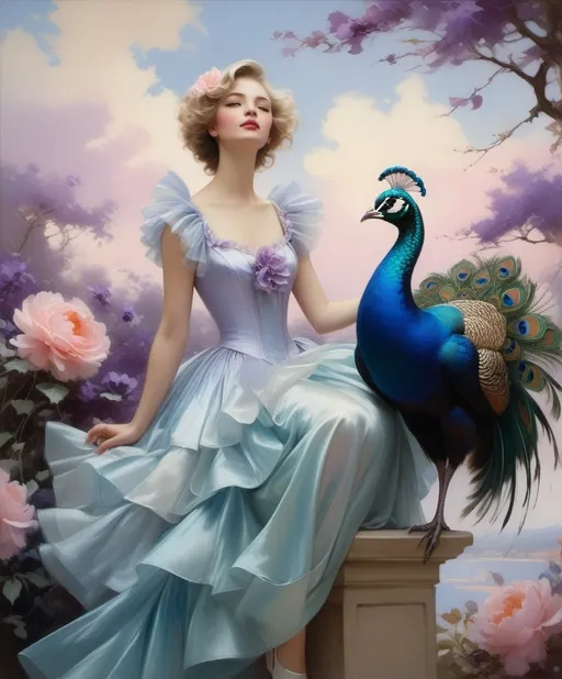 Prompt: Style of Daria Petrilli, Alice Pike Barney, Paul Kenton, George Petty, Pierre-Jacques Pelletier; Perched upon a petite pedestal, Patricia, a precious girl with platinum curls peers into a picturesque portrait painted in pastel hues. Purple petals pirouette in the breeze, punctuating the landscape with a playful charm. A prancing peacock, plumage resplendent in shades of periwinkle and plum, prances beside her, a paragon of grace. Puffs of peach-colored clouds pirouette overhead, casting a peaceful glow upon the whimsical scene.