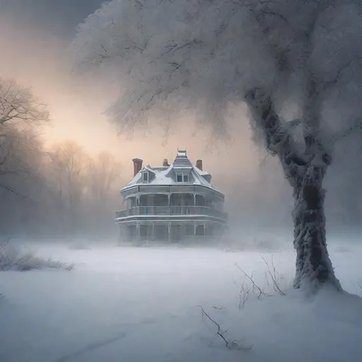 Prompt: Winter landscape, snow blizzard, an isolated haunted mansion, trees covered with snow, a sense of peace, tranquility and a hauntedly beauty, Twilight rays, eerie mood, In style of Akos Major, Carsten Meyerdierks, Vincent Munier, Lee Madgwick. 
elegant intricate beautiful award winning fantastic view ultra detailed, high definition 