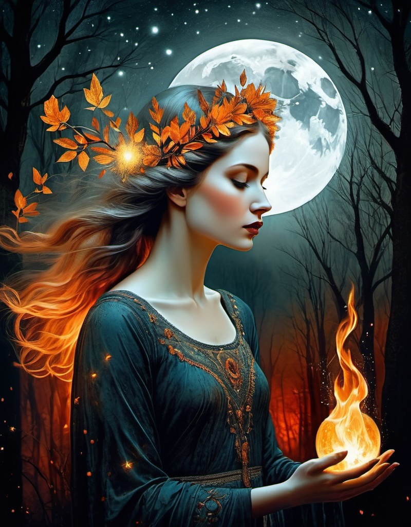 Prompt: Beautiful fire moonlight forest goddess , style by Beth Conklin, Aleksi Briclot, tom bashaw and catrin welz-stein, surreal dream. Extremely detailed, intricate, beautiful, high definition 