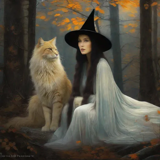 Prompt: A beautifull mysterious witch and her fluffy bicolor magical cat art style by Marianne Stokes, David Spriggs, Masaaki Sasamoto,  Christian Schloe, endre penovac, catrin welz Stein, Mondrian, James jean. High quality, highly detailed, intricate details.dynamic lighting award winning fantastic view ultra detailed high definition hdr focused glow shimmer