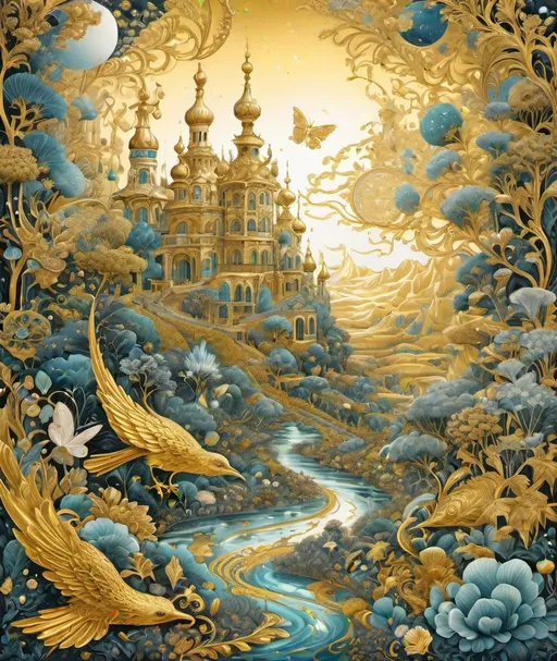 Prompt: golden hypermaximalism pencil illustration, biobentology, celestial and ethereal manifestation of rococo fantastical ephemeral chaotic dreams and fantastical creatures in a terragenaic landscape, gold leaf everything 