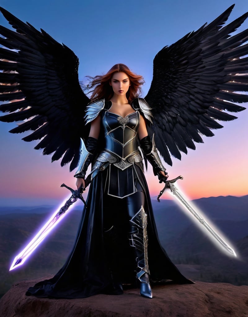 Prompt: angelic godess witchblade, spread dark angel wings, in the twilight sky, medieval armor with geoglyph engraves, in action, with a lumino kinetic glowing sword, style by William Oxer, Nickolas Muray, Aliza Razell, Charles Robinson, esao Andrews. faerietale couture, dark fantasy,