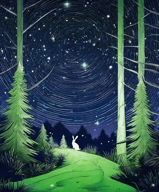 Prompt: photonegative refractograph of a hare walking pass realistic huge green pine forest, minimal figures, starry blue night 