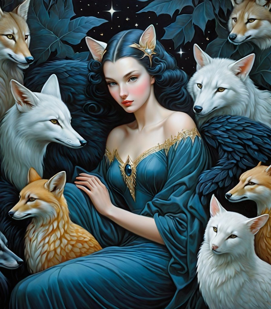 Prompt: She is a night woman surrounded by night animals style of Andrew Loomis, Bob Mackie, Frieke Janssens, Aaron Jasinski, Genevieve Godbout, Morris Hirshfield, Robert Gillmor, Amy Giacomelli. Soft pearlercent colors, Extremely detailed, intricate, beautiful, 3d, high definition