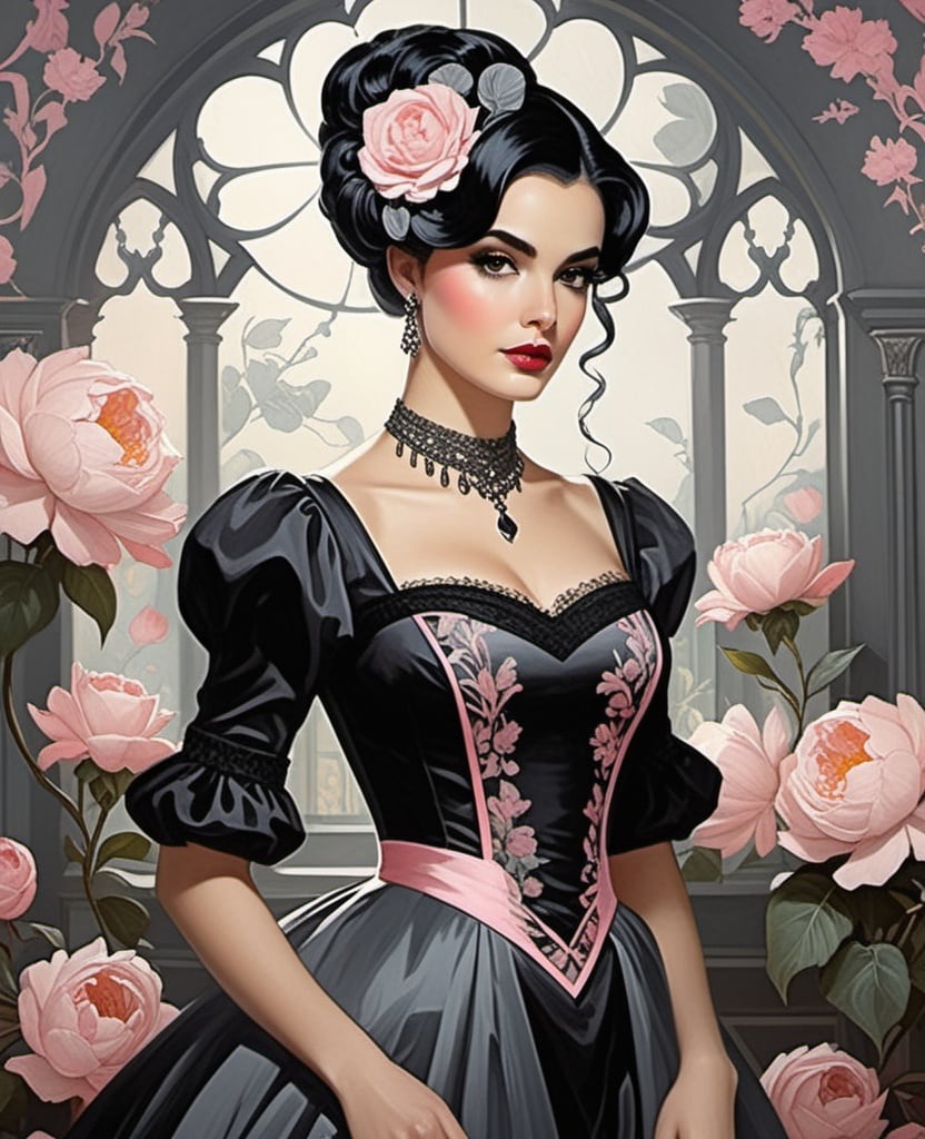 Prompt: Style of Howard Chandler Christy, Faiza Maghni, Henry Justice Ford, Jessica Durrant, doomed and gloomy beautiful girl, pastel pink updo hair, grey colored eyes, in gothic black dress, beautiful, detailed floral background.