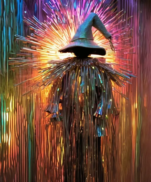 Prompt: fiber optic dreams of a scarecrow, iridescent glitched stained glas, sun beam 