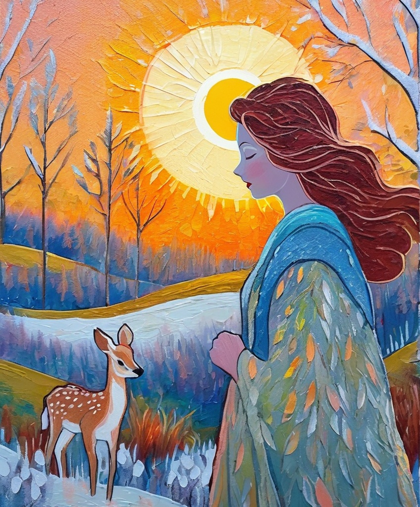 Prompt: fawncore, beautiful lady, winter sunrise, praise the sun, textured painting, fauvist, magical realism 
