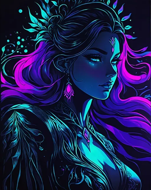 Prompt: uv dye stained beautiful lady soul in the dark 