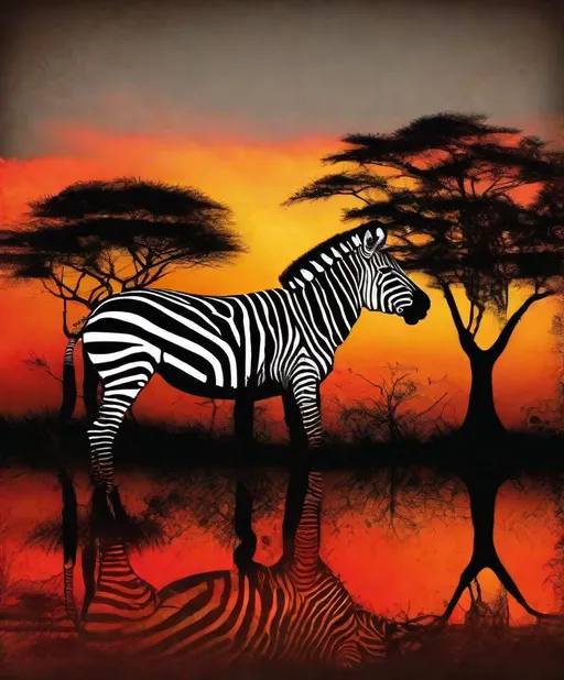 Prompt: photonegative refractographwide majestic isometric zebra silhouette double exposure with savanna sunset acacia trees warm hues yellow orange red vintage distressed texture overlay::2