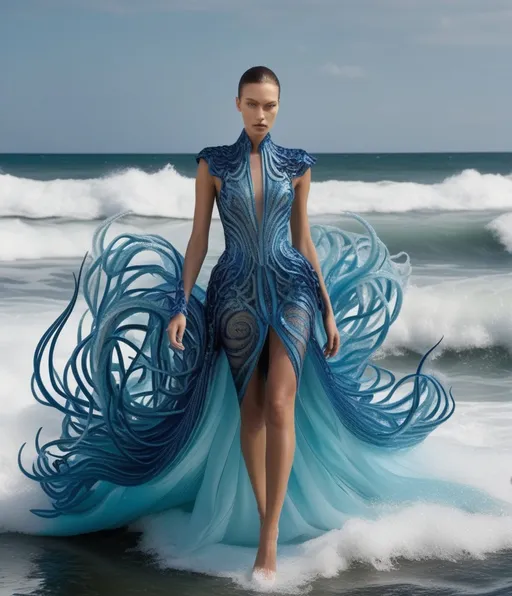 Prompt: Haute couture fashion shoot: beautiful model: elegant colors: mixing design styles from Alexandre Vauthier: Iris Van Herpen: Namilia Berlin: Zuhair Murad: kracken, tentacles reaching out crashing waves, laser etched. UHD, 4K, Hyper Details.