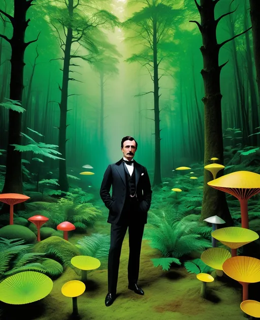 Prompt: nicola tesla and the acid carboniferous forest in fornasetti style, by laurie simmons 