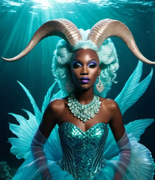 Prompt: bipoc Capricorn goat mermaid couture photonegative refractograph