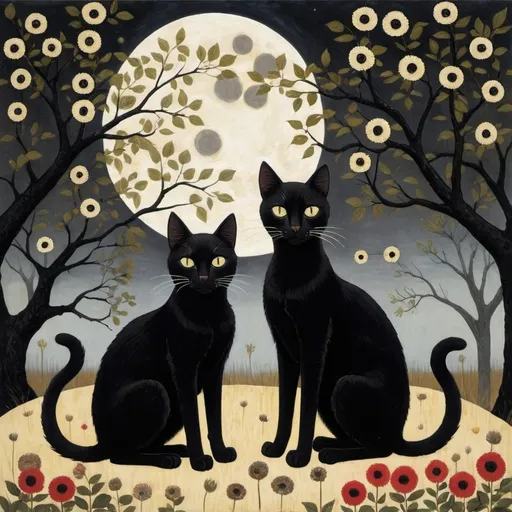 Prompt: two cute black cats sitting in front of a tree with flowers and leaves on it, with a full moon in the background, Horace Pippin, Andrea Kowch, marimekko, gothic art, dark art, a fine art painting