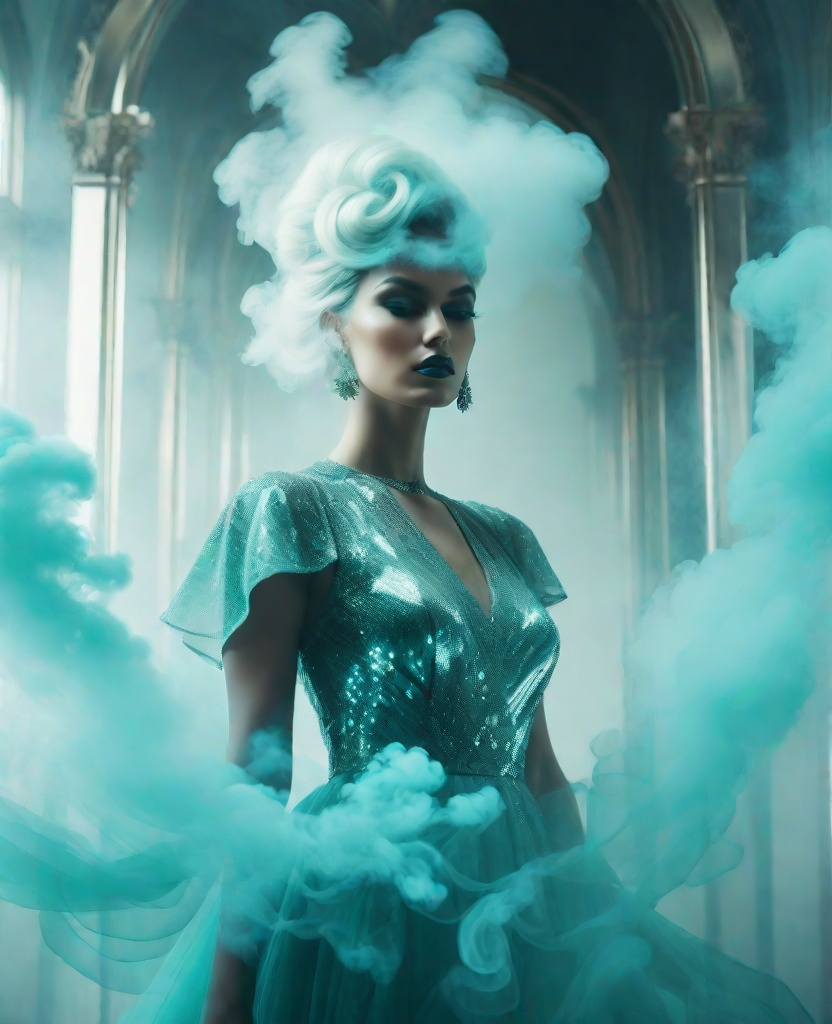 Prompt: fashion goddess, double exposure, smoke and mirrors, bifrost color theme 