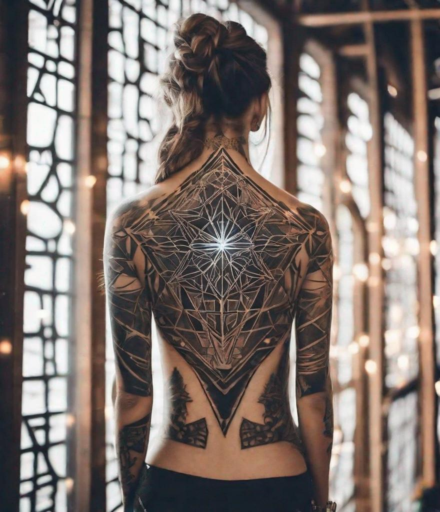 Prompt: beautiful woman laser etched tattoo from behind, sacred geometry, glowing tattoo, cosmic
