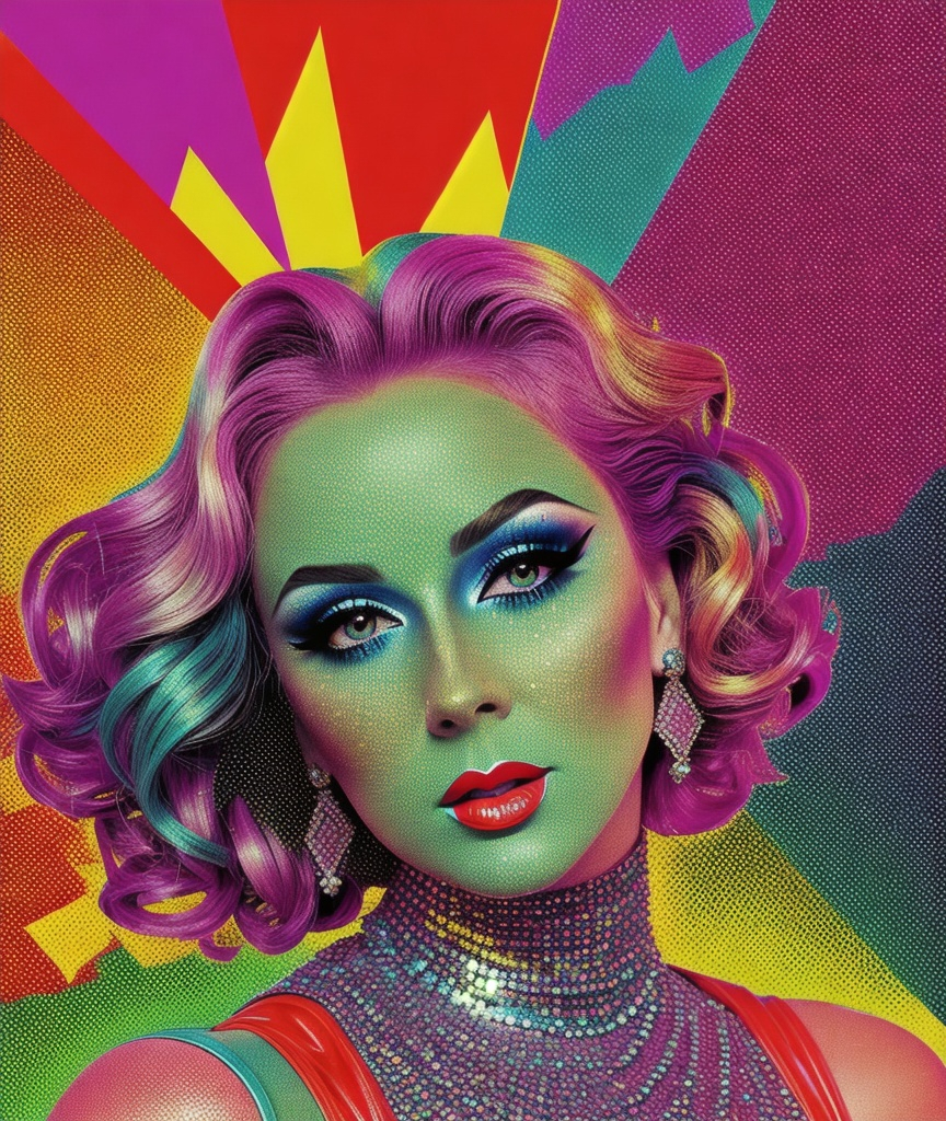 Prompt: makeup by artemis & photography. photo by lauren emery, in the style of pop art advertising, dazzling cityscapes, uhd image, solarization effect, sunrays shine upon it, 1980s, dotted, modern interpretation of Vaudeville 