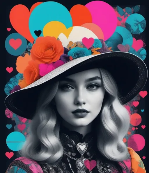 Prompt: the girl in the hat wears a colorful hat that has heart in the middle of it, in the style of halftone pop art-inspired collages, baroque-influenced drama, fantastical otherworldly visions, bold line work, use of vintage imagery, collaged, fluorescent colors 