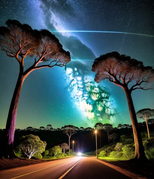 Prompt: Transport the timeless verses of "Waltzing Matilda" into a laser etched dreamscape, where forced perspective photography blurs the line between reality and imagination, under a mesmerizing canopy of astrophotography stars, all captured with the magic of long exposure photography 