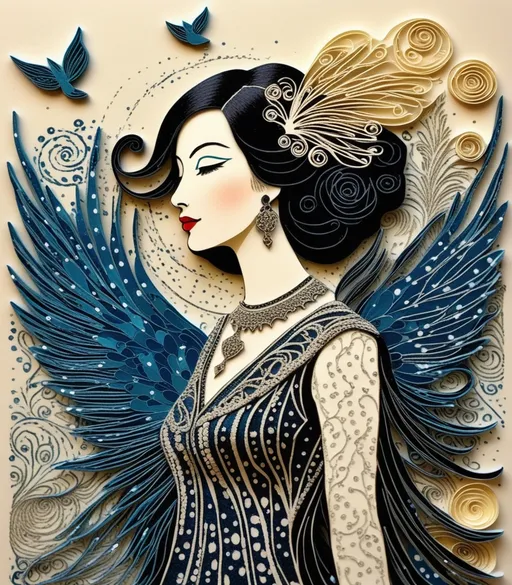 Prompt: an elegant woman, one who sings with the flying angels behind her, in the style of modern block print, basquiet graffiti, moire and ferrotype texture and sequins quilling detail