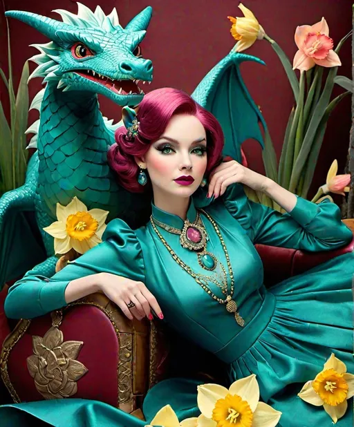 Prompt: Darling dazzling Diane, a deep dark daydreamer  dame,  in delirious destiny daffodil dragon, dull turquoise, dusty rose, Deep teal, style by Diane Dillon, Sophie Delaporte,  Daarken, David Bowers