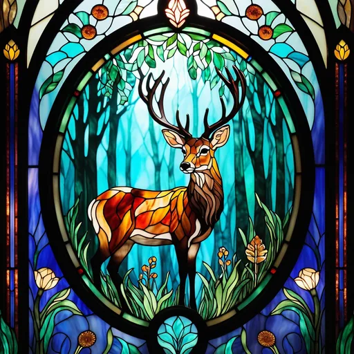 Prompt: A beautiful whimsical Forest animals in Chalcedony Stained Glass 3d Portraiture 