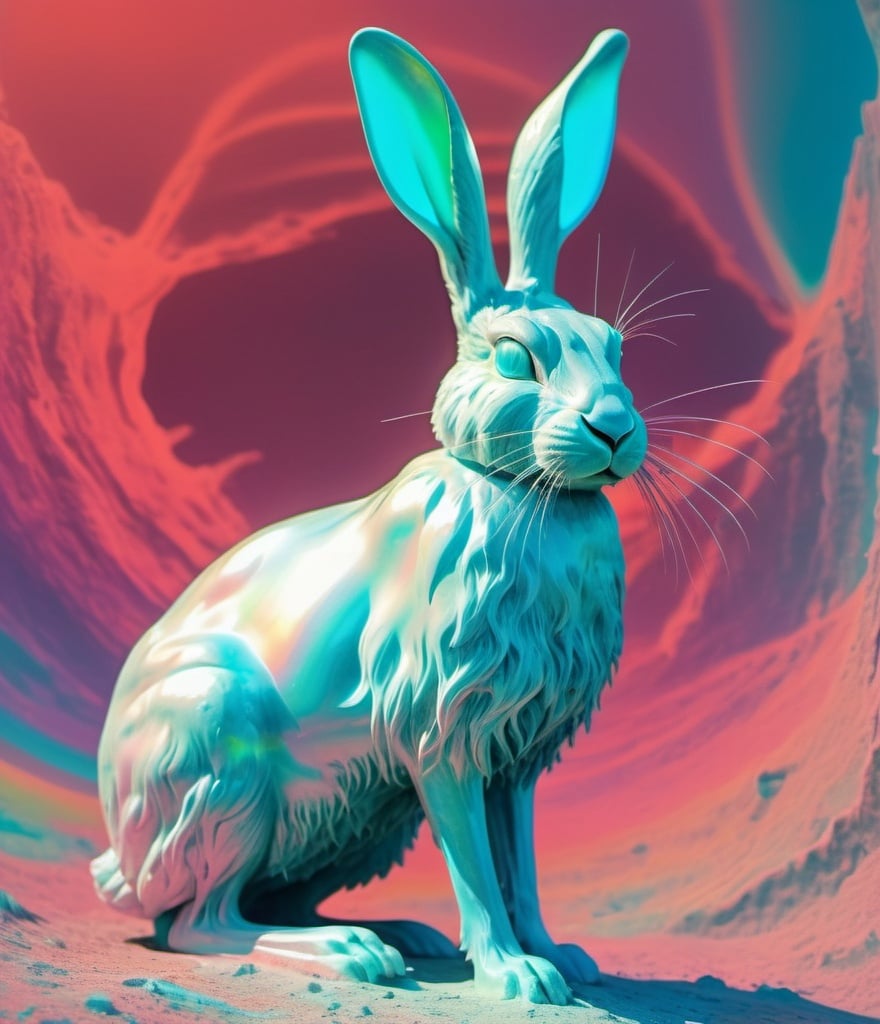 Prompt: abstract opalescent post-apocalyptic arctic hare, anaglyph photonegative refractograph, spiritual expression, ancient wisdom, utopiacore, glitch, shimmer, witchy, bright, hologram, iridescent, raindow, mist