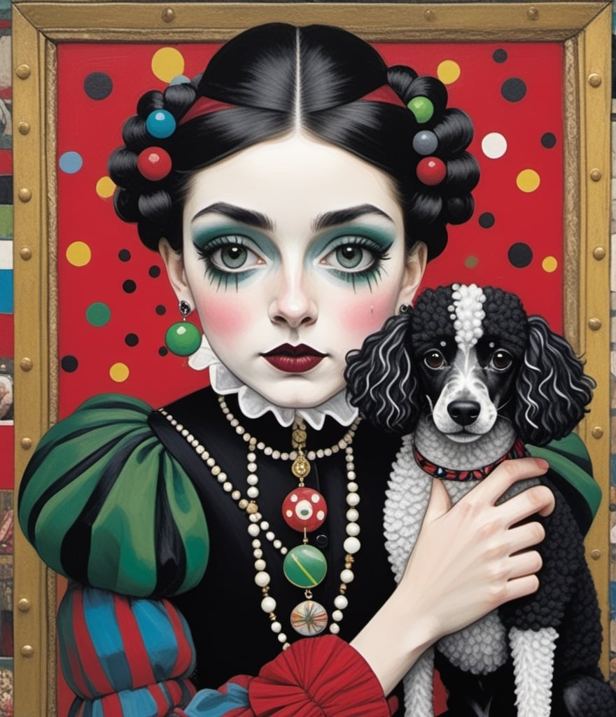 Prompt: Art by Peter Blake, Julie Arkell, Gemma Correll, carnivalesque captures a harlequin woman with lollipop, she has an extravagant choppy hairstyle with black and white streaks of hair, beautiful eyes, full lips, elegant hands, wearing a puffy off shoulder madder red dress. Her royal poodle with thick black and white curly coat poodle dog is with her. The resemblance of a dog to its owner, complicity, exaggerated facial expressions. Black, dark greens, red, saffron yellow and white.
