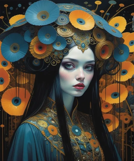 Prompt: Art by Christy Lee Rogers, Klimt, David Palumbo, Daniel Merriam, Diego Rivera, James Eads, Mothmeister, she is almost passable as human, Why don't you take off your human costume, girl?, macabre horrific, highly detailed , rich in colors
