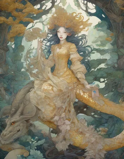 Prompt: the cheshire princess has found her joy: she has a mythical dragon protector. Whimsical Forest background. Android Jones, James Jean, takato yamamoto, Arthur Rackham. watercolor, volumetric lighting, maximalist, concept art, intricately detailed, elegant, expansive, 32k, fantastical, golden ratio principles, haunted, glass sculpture, honeycomb patterns, art by makoto shinkai, conrad roset. 3d, iridescent watercolors ink, polished finish, gradient chrome colors.