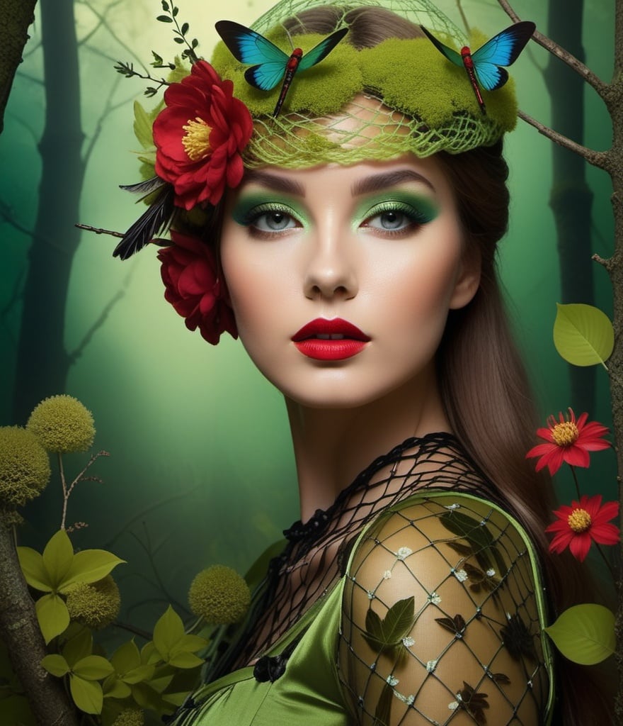 Prompt: a model with bird in head, with flowers on her face, in the style of chiaroscuro portraitures, Peter Kemp, Taras Loboda, light green and dark crimson, constructed photography, birds & flowers, realistic depictions, girl with flowers and leaves on her head and insects and dragonflies and moss and birds and netting and lots of netting and bows, creativity, boldness, birdsong and flowers, half photo, stylized photography,elaborate costumes, surrealistic dreamlike scenes 