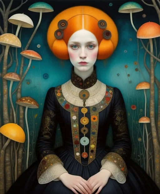 Prompt: Klimt, Chris Leib, Catherine Hyde, Beth Conklin, Stan Brakhage, she is almost passable as human, Why don't you take off your human costume, girl?, macabre horrific, highly detailed , rich in colors 