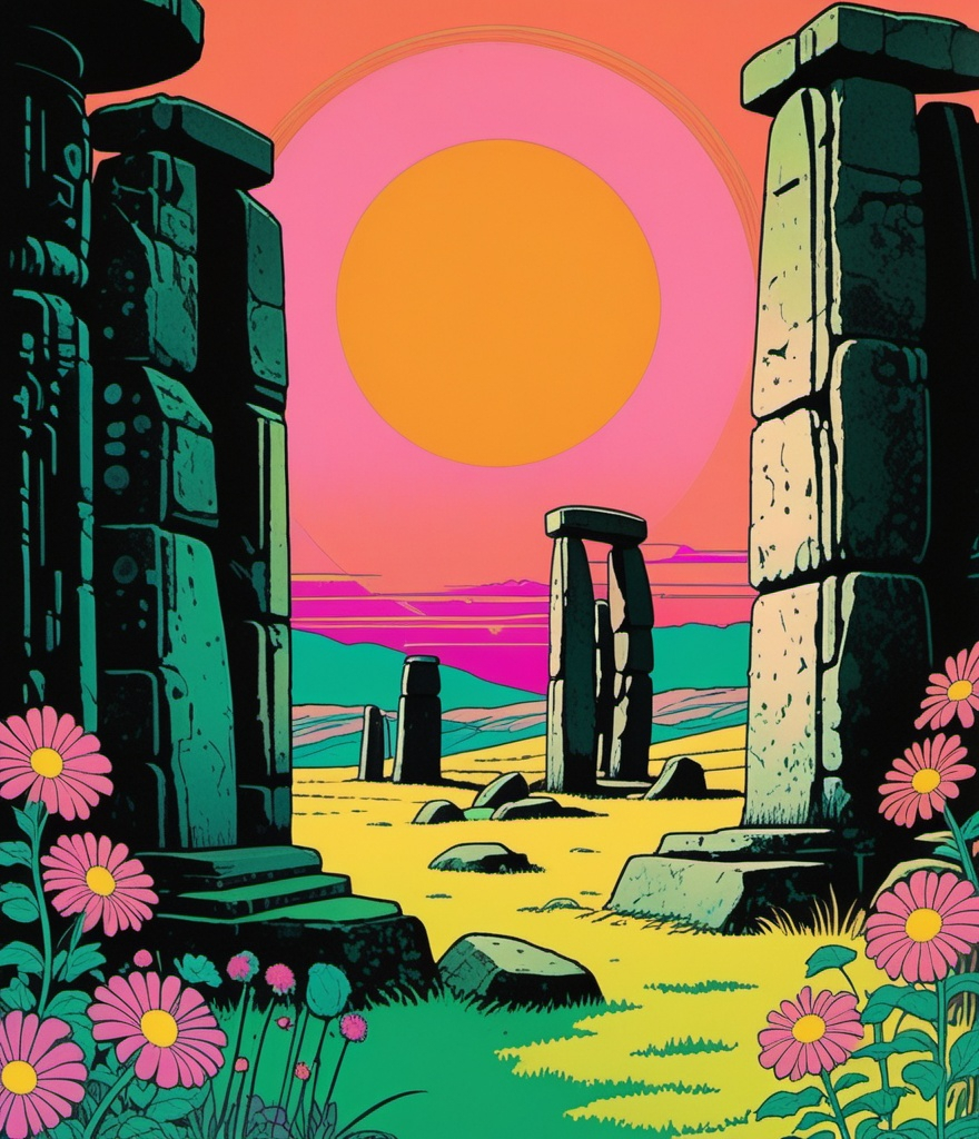 Prompt: Stonehenge , neon victorian, in a setting full of flowers, in the style of anime aesthetic, colorful moebius, stipple, pop art references, art brut influences, 1970’s woodblock, gwen frostic print, vintage, faded, pink orange green brown, children’s book illustration, nature poem illustration, photonegative refractograph, retrofuturism, steampunk synthwave