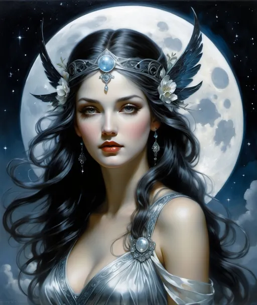 Prompt: Beautiful moonlight goddess, she is all that, Rie Cramer, Mike Dargas, Howard Chandler Christy, Michael Creese, Thomas Ascott. Extremely detailed, intricate, beautiful, high definition