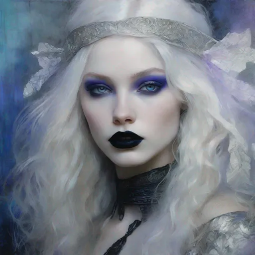 Prompt: A very beautiful albino girl witch, Violet eyes, heavy blue eyeliner, black lipstick,  long hair, black and silver ethereal clothes art by  William Oxer, Nickolas Muray, Aliza Razell, Charles Robinson, esao Andrews. Ethereal background, Mixed media, 3d, extremely detailed, intricate, high definition, crisp quality 