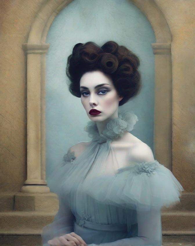 Prompt: The pretty dreamy heartbroken woman with beautiful face, art by Nona Limmen, Valentino garavani, Inna Mosina, Angus McBean, Robert Ryman, Elger Esser. Foggy Empty street background, Cold colors pallet, rim lighting reflection, 3d, watercolors and ink, beautiful, fantastic view, extremely detailed, intricate, best quality, highest definition